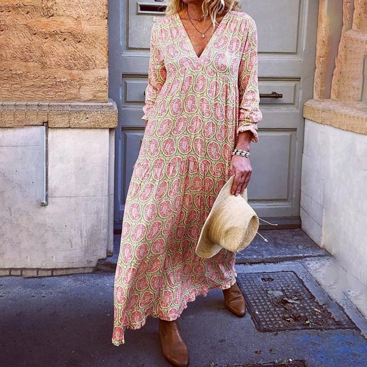 Women’s Maxi Dress – Relaxed Fit – V-Neck – Long Sleeve – Geometric Print – Breathable Blend