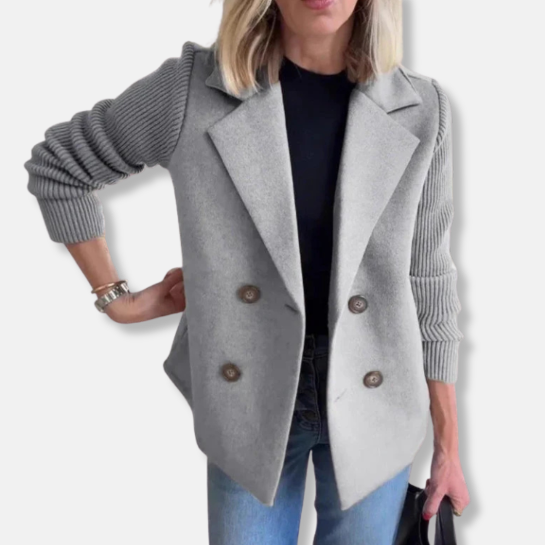 Women’s Blazer - Wool Blend - Double-Breasted - Notched Lapel - Ribbed Knit Sleeves