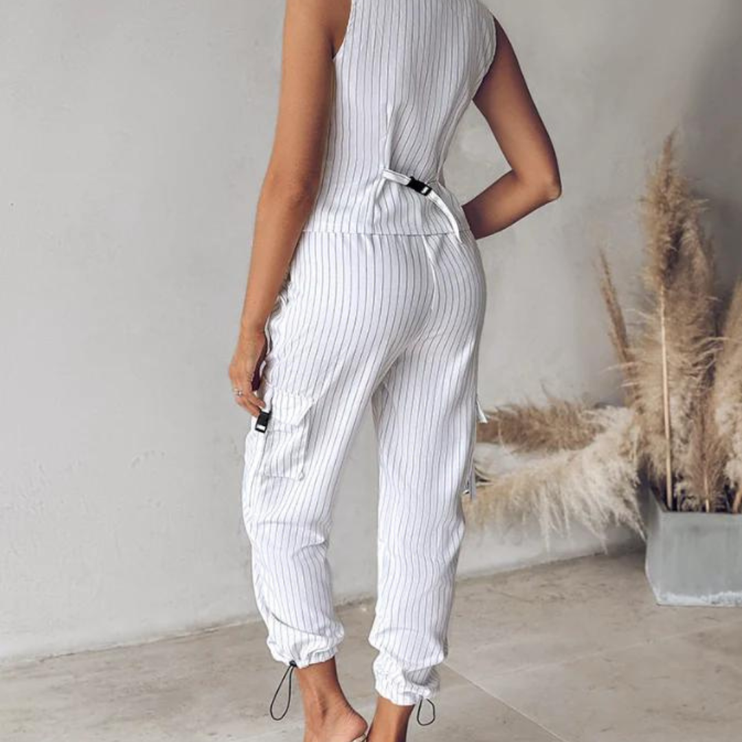 Women's color striped button vest and pants set