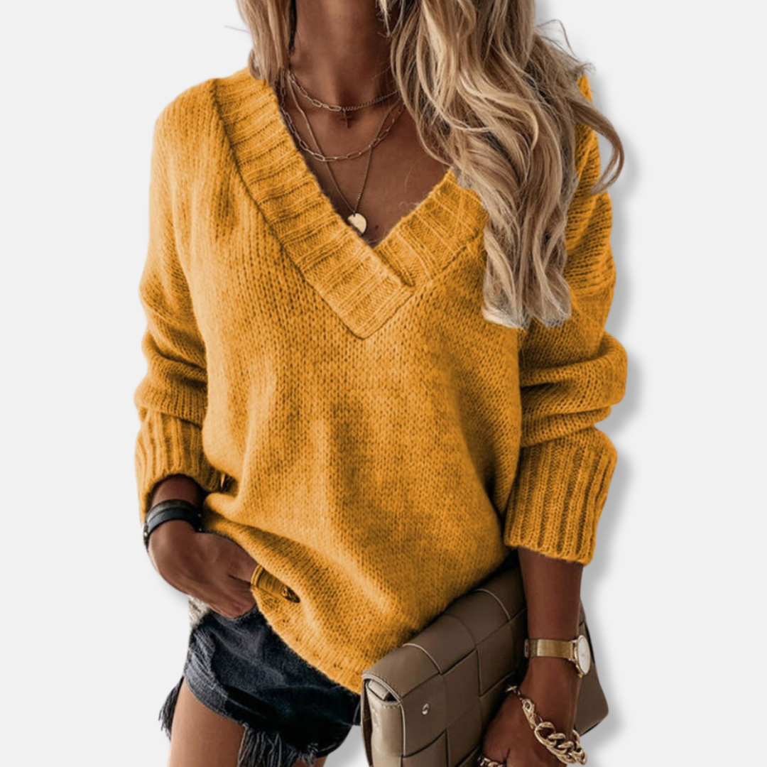 Relaxed Fit Ribbed V-Neck Knit Sweatshirt