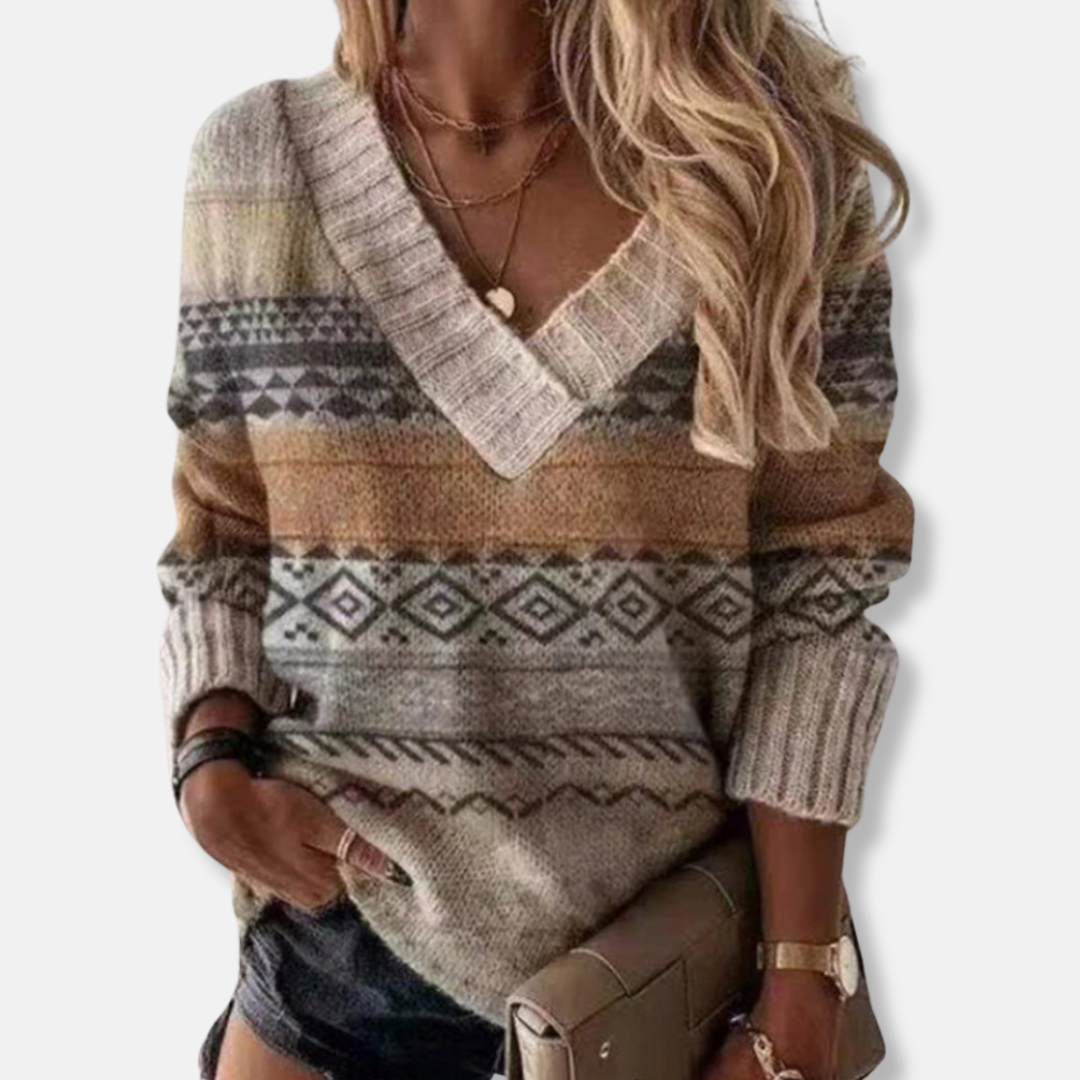 Isabella Cotton V-Neck Knitted Sweater | Color Block Ribbed Sweater