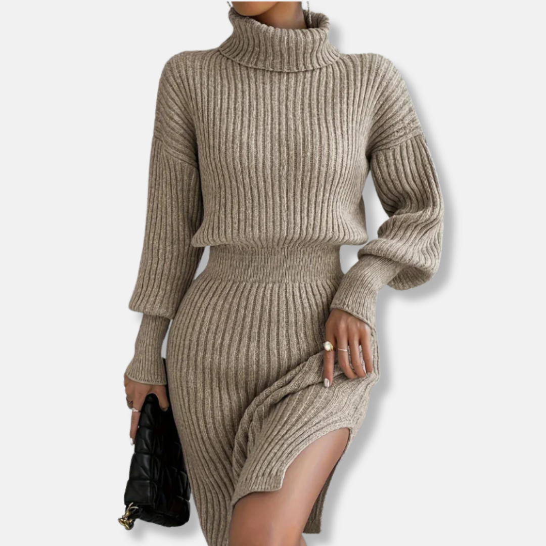 Women’s Knit Turtleneck Midi Dress – Ribbed Wool Blend – Blouson Top – Side Slit