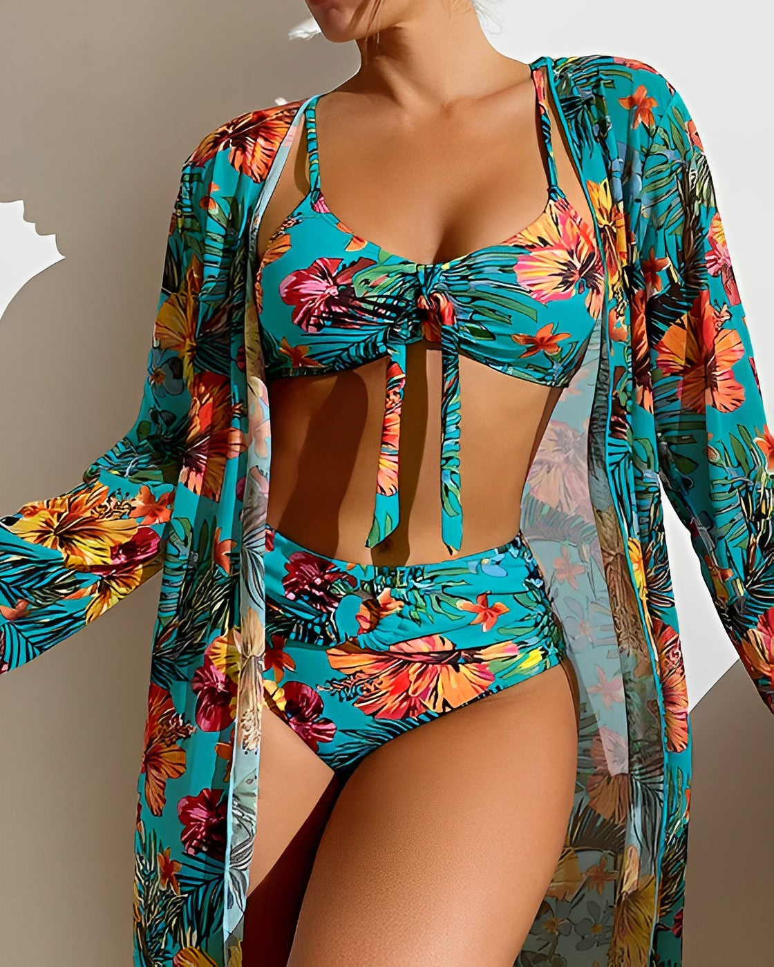Women’s 3-Piece Swim Set – Tie-Front Bikini – High-Waist Bottom – Sheer Cover-Up