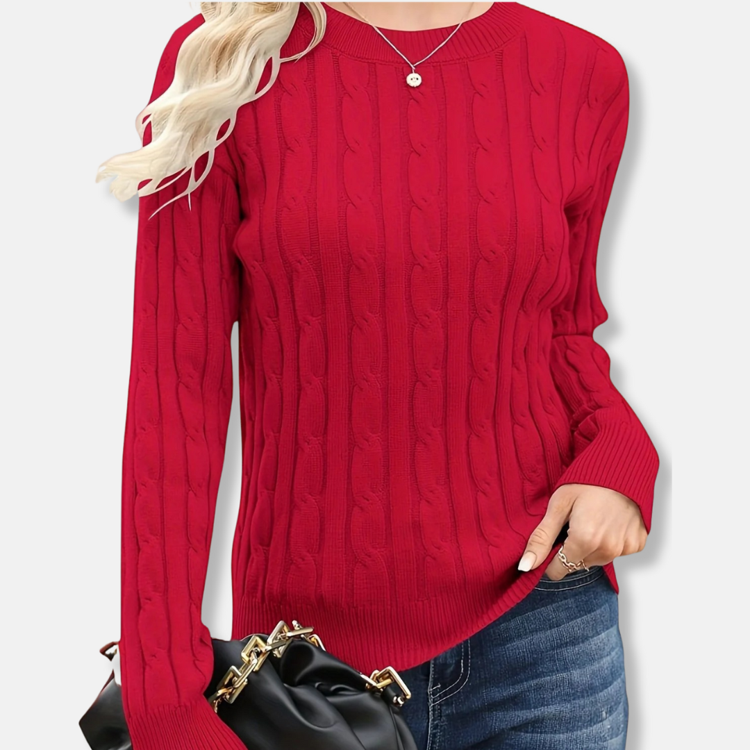 Women’s Sweater - Knit Fabric - Cable Knit Texture - Crew Neck - Ribbed Cuffs