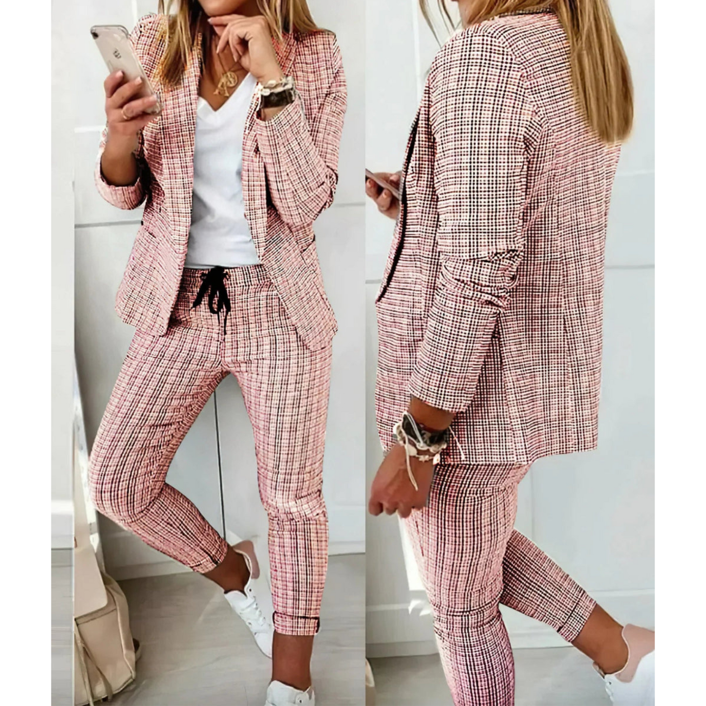 Women's single-breasted printed blazer and drawstring pants set