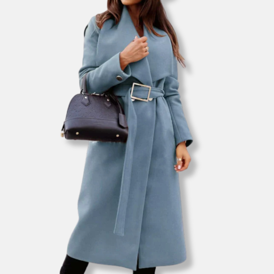 Women’s Longline Coat – Wool Feel – Tailored Relaxed Fit – Belted Waist – Draped Lapels