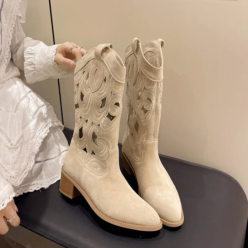 Women's stylish suede western cowboy boots with cut-outs