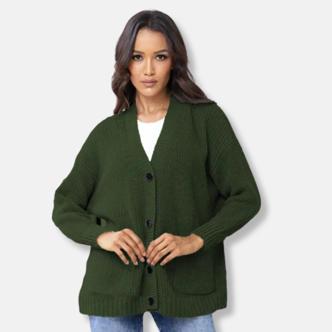 Amelia Wool Oversized Cardigan | V-Neck Button Front Pockets Cardigan