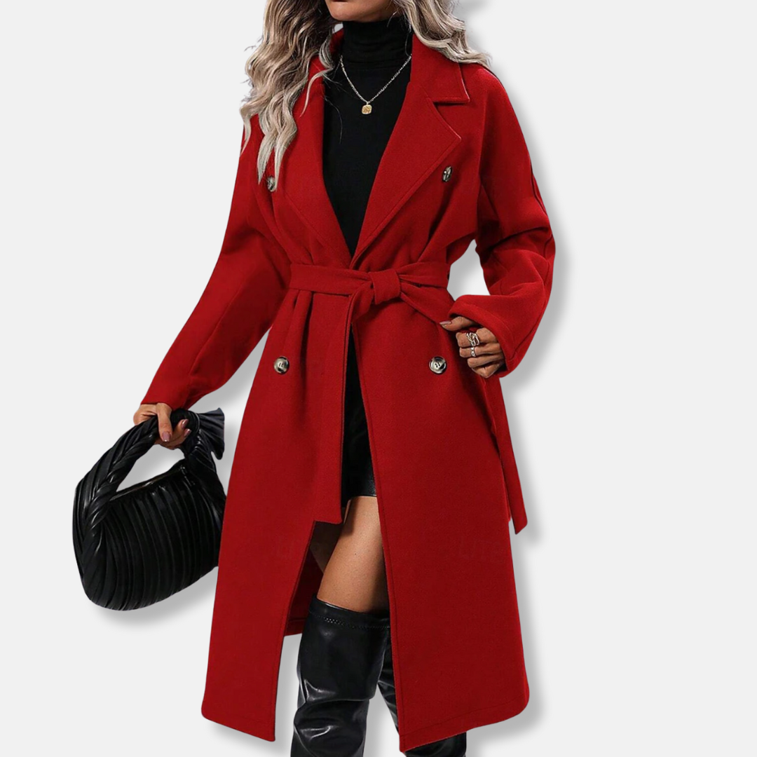 Isabella Wool Double-Breasted Trench Coat | Belted Collared Trench Coat