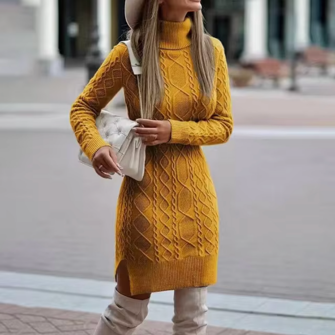 Women’s Knitted Dress – Slim Fit – Cable Knit – Turtleneck – Midi Length – Long Sleeve
