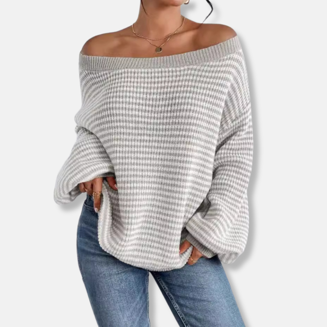 Women’s Sweatshirt - Knitted - Loose Fit - Boat Neckline - Lantern Sleeve