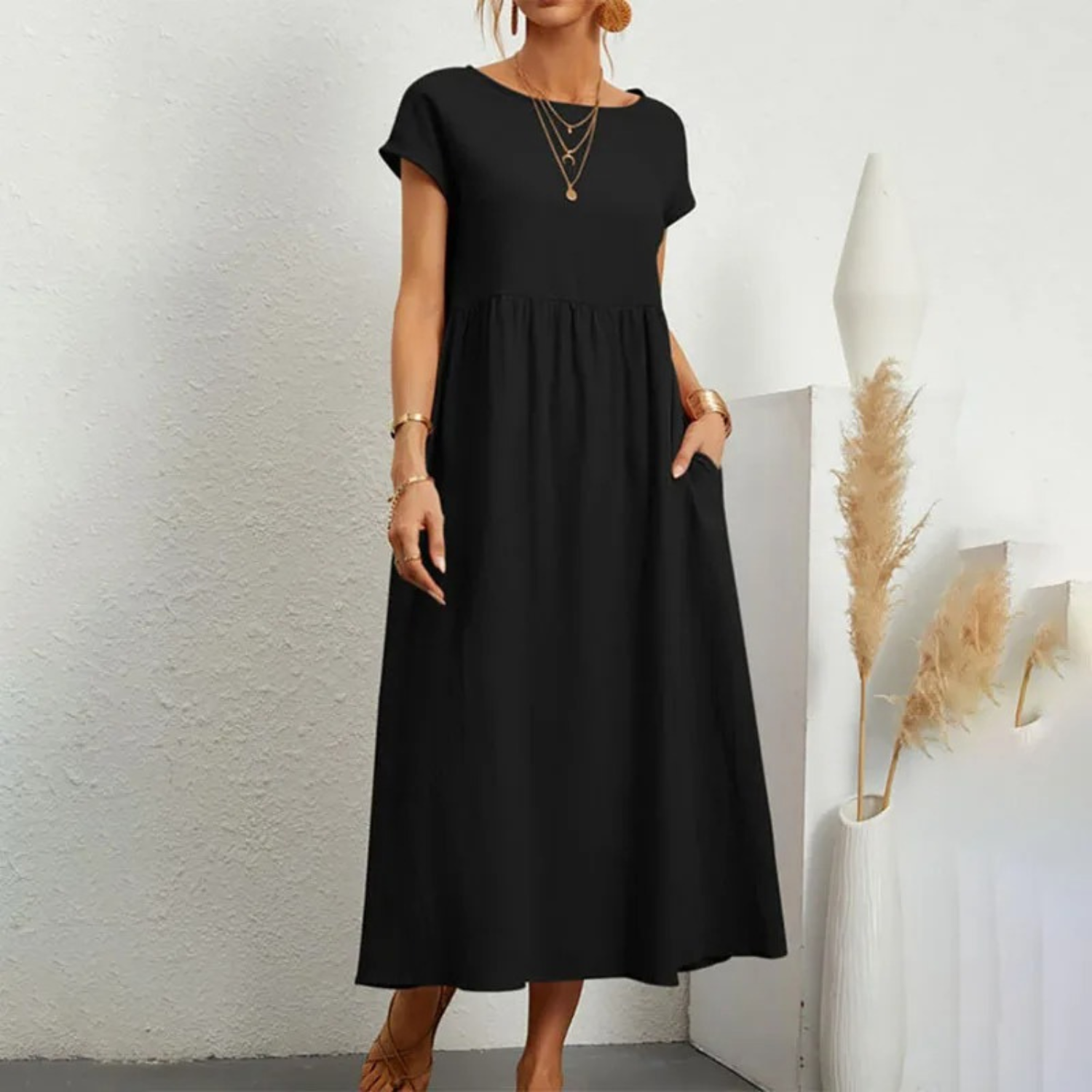 Relaxed Linen Empire Waist Maxi Dress