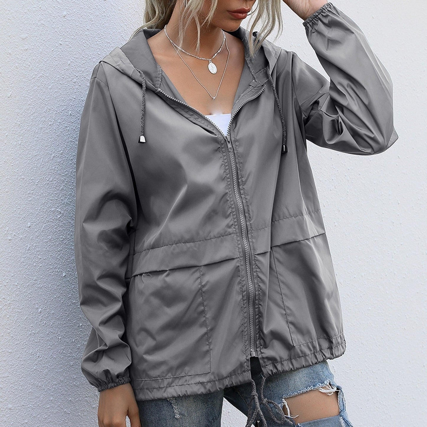 Women's lightweight windproof rainproof zip-up hoody jacket