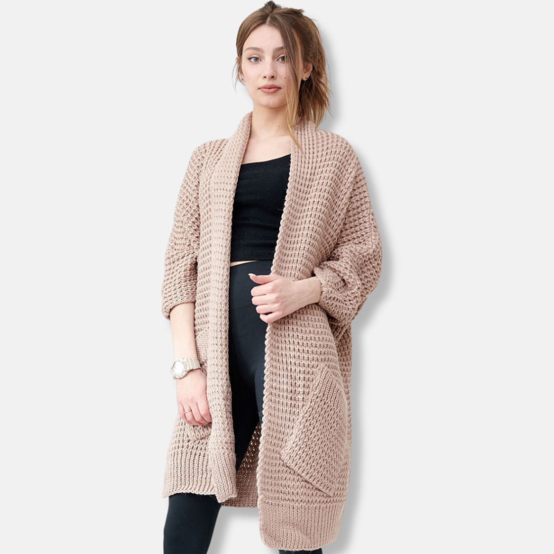Women’s Knitted Coat – Oversized Fit – Chunky Wool Blend – Open Front – Patch Pockets