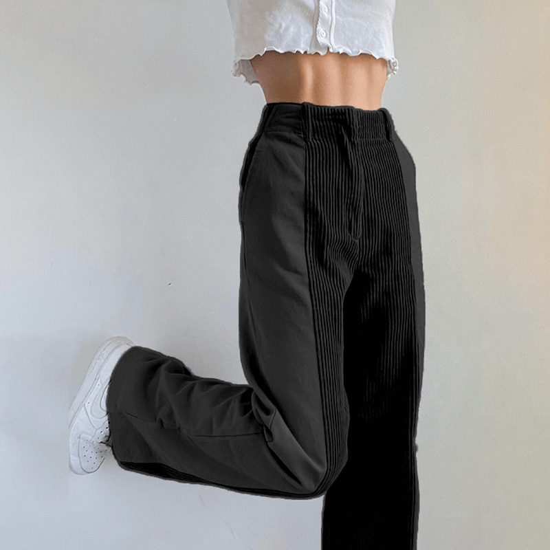 Women’s High-Waist Trousers – Relaxed Fit – Wide Leg – Ribbed and Smooth Panels