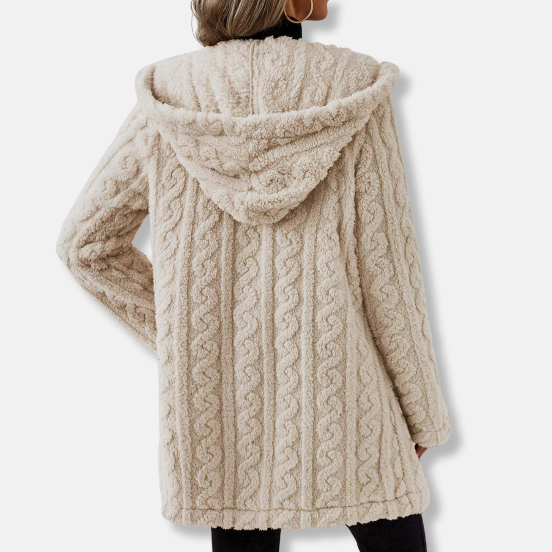 Isabella Fleece Cable Knit Cardigan Jacket | Relaxed Fit Thigh Length Cardigan Jacket