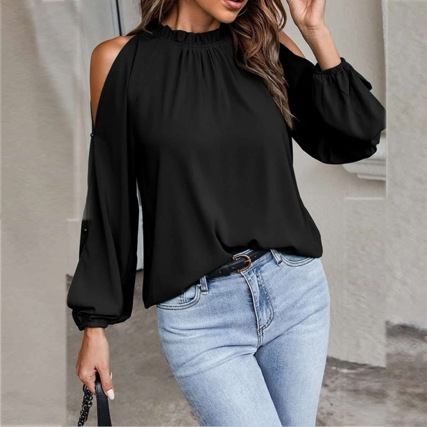 Women's Blouse - Cold Shoulder - Long Sleeve - High Neck - Relaxed Fit