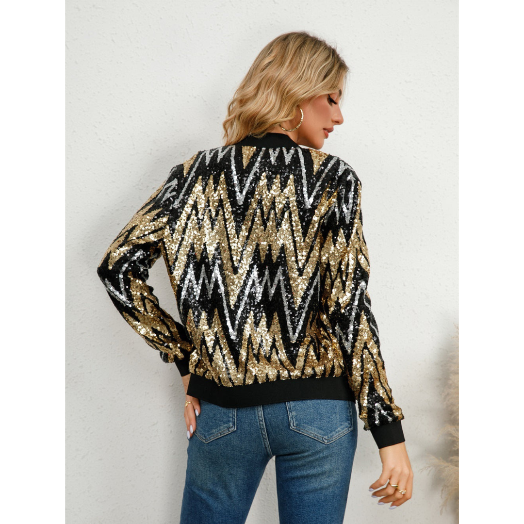 Women’s Bomber Jacket – Sequin Zigzag Pattern – Standard Fit – Zipper Front – Ribbed Trim