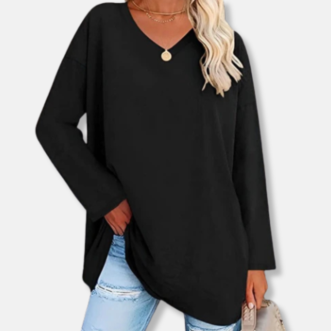 Florence Cotton Oversized V-Neck Tunic Top | Side Slits Curved Hem Tunic Top