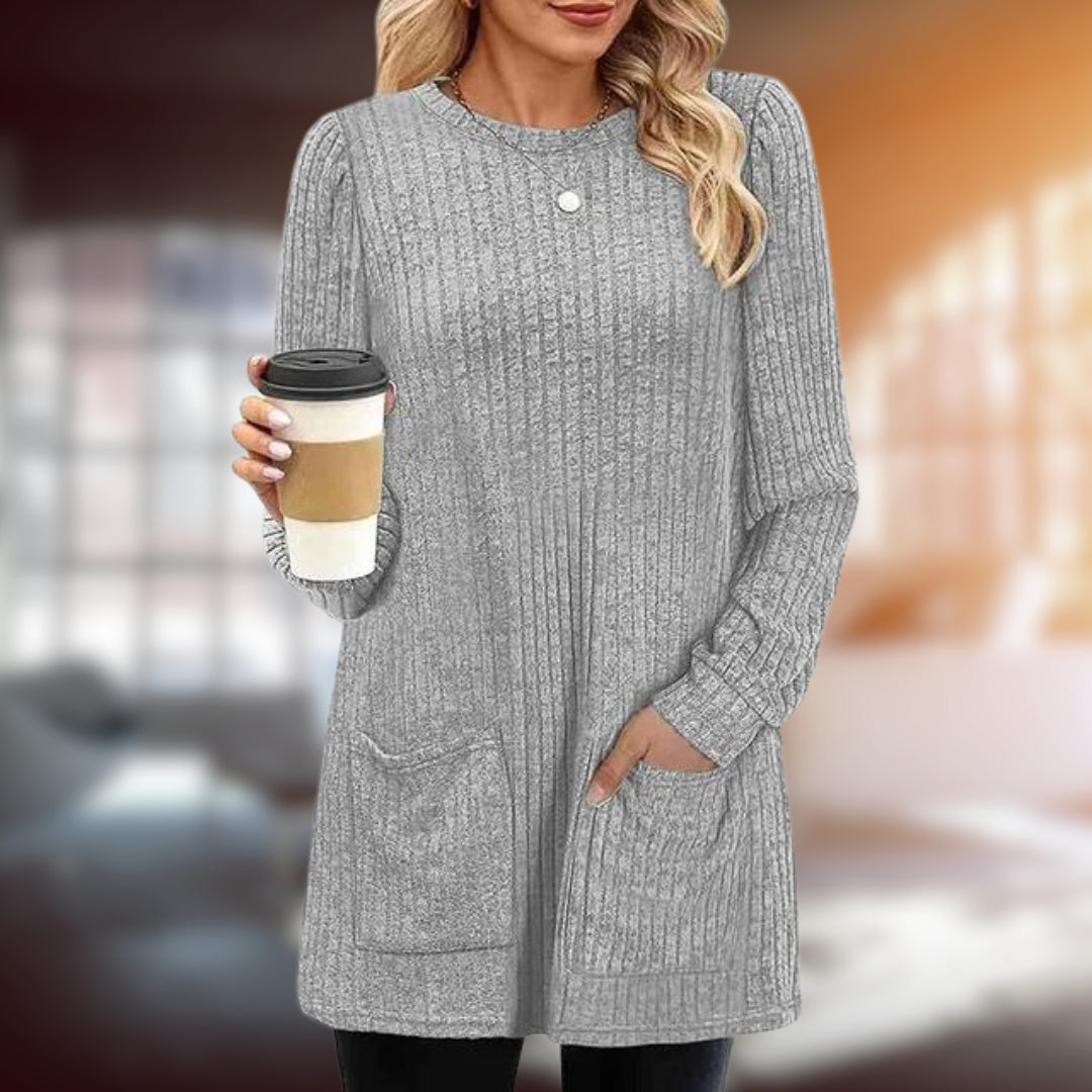 Women's mid-length knit round neck with pockets sweater