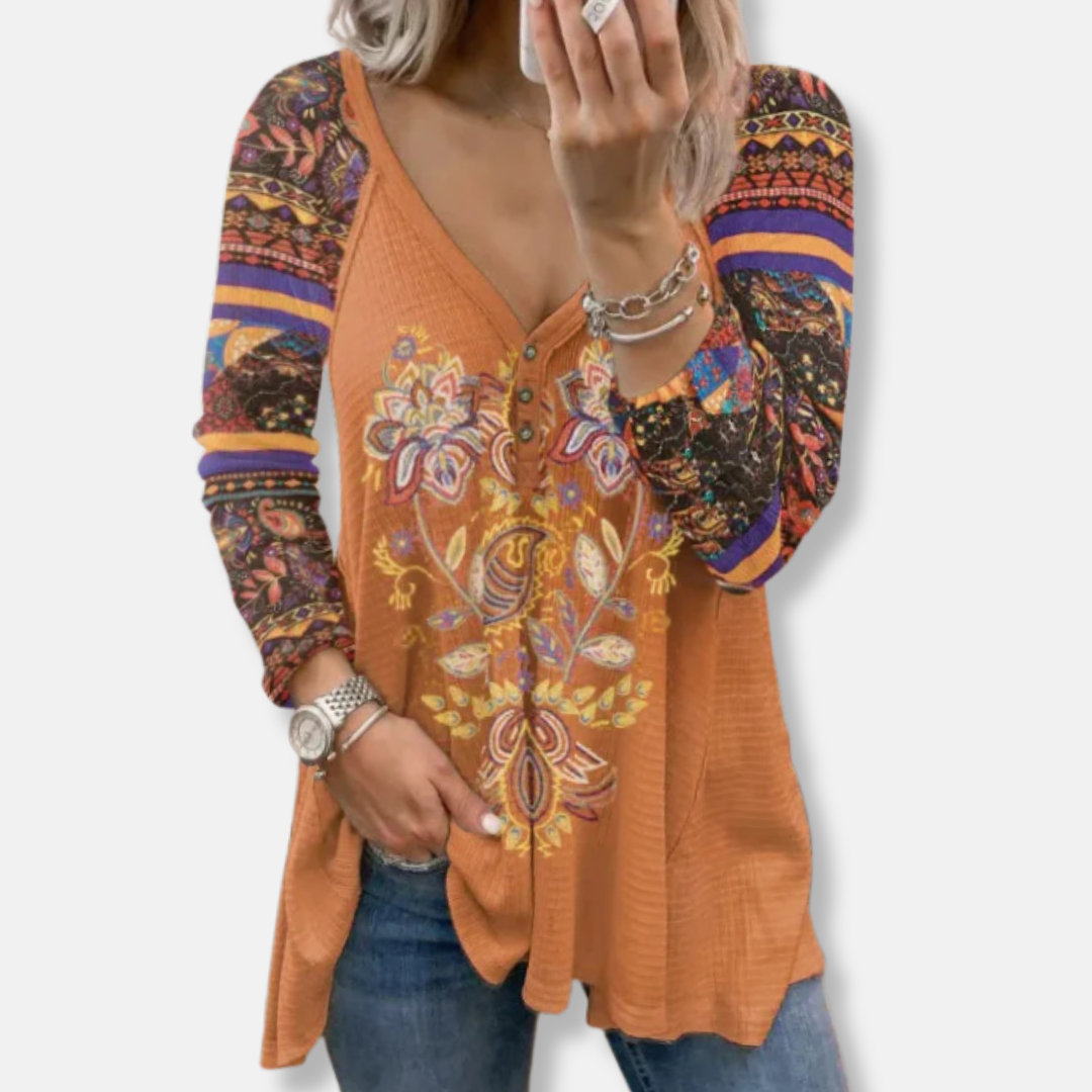 Freya Loose Fit Long Sleeve T-Shirt | V-Neck Button Front T-Shirt