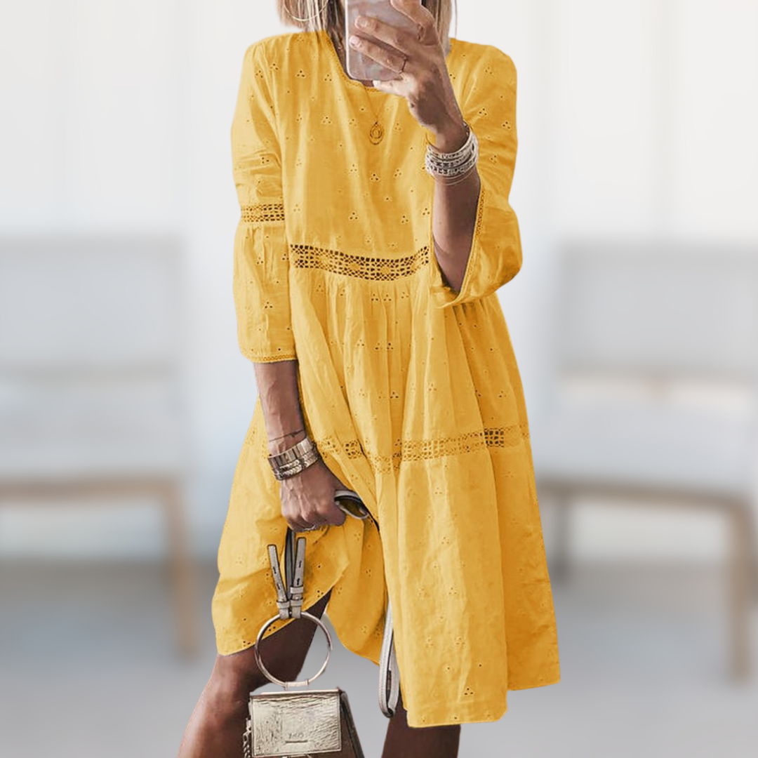 Women's Embroidered Dress - Knee-Length - Three-Quarter Sleeve - Elegant Eyelet Detailing