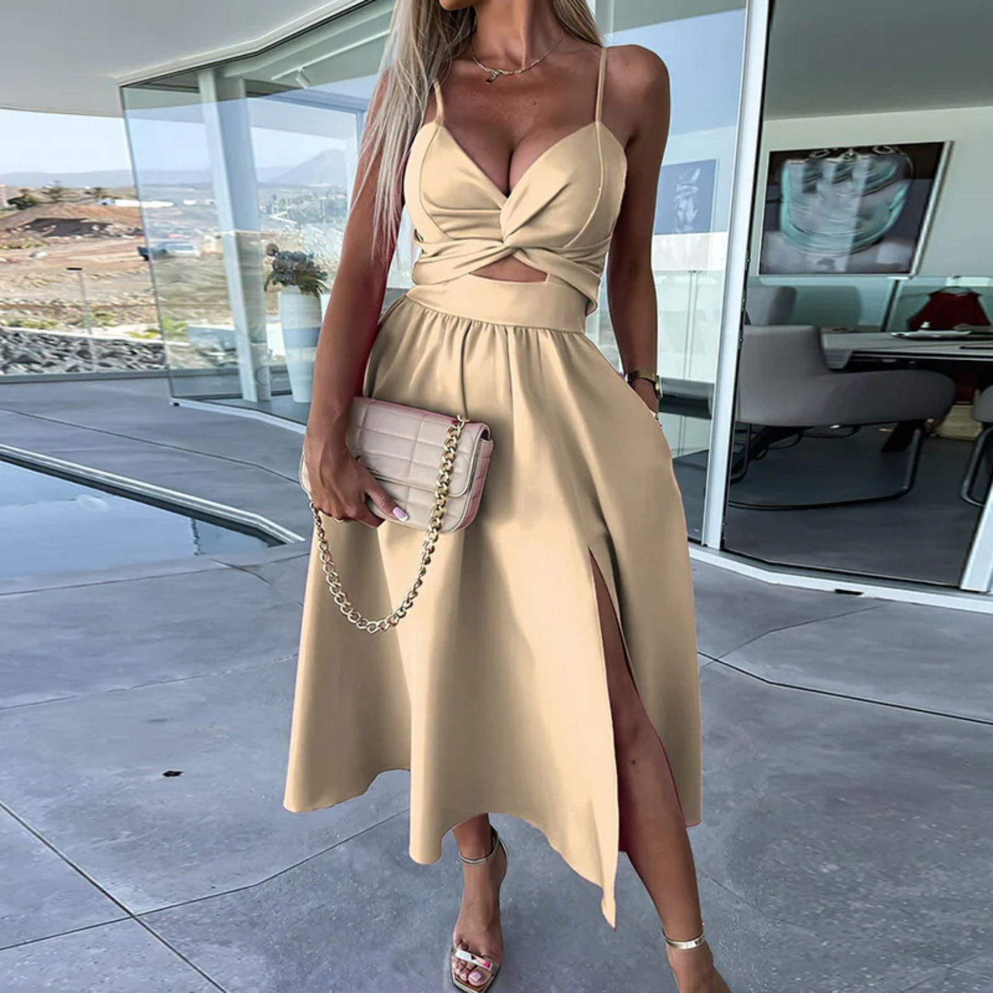 Women's Midi Dress - Cut-Out Design - Twisted Front - Spaghetti Straps - High Slit