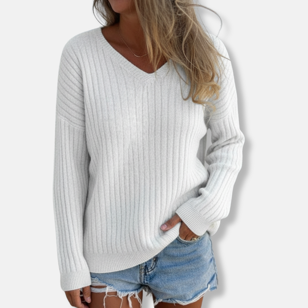 Isla Slim Fit Pullover Sweater | V-Neck Ribbed Long Sleeve Sweater