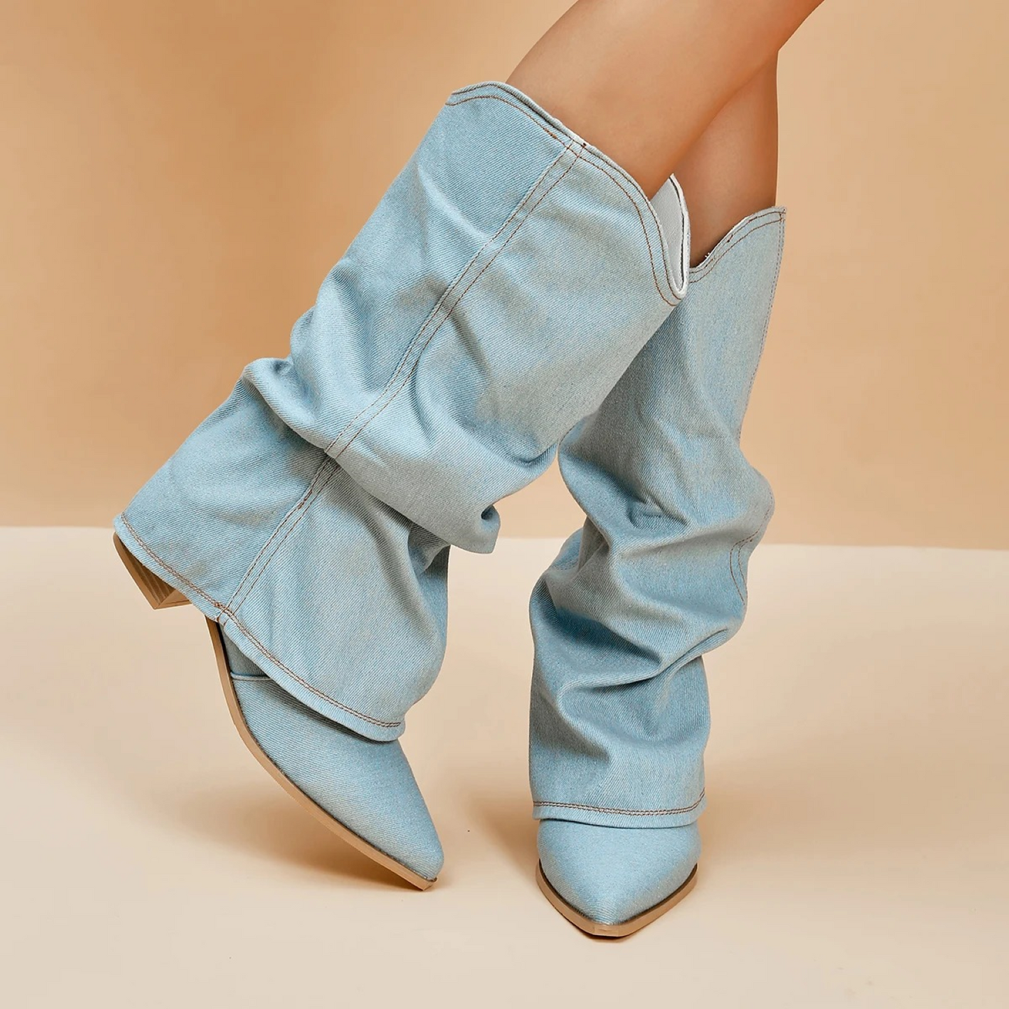 Women’s Knee-High Boots - Slouchy Denim - Pointed Toe - Low Block Heel Pull-On