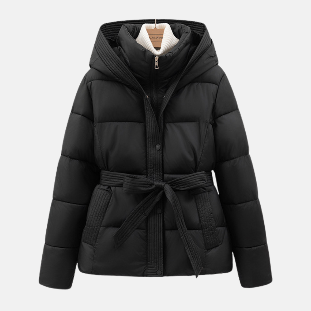 Women’s Padded Coat – Quilted Slim Fit – Hooded with Tie Waist and Pockets