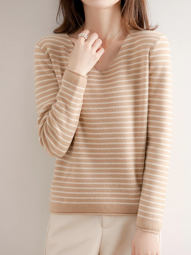Women's V-Neck Sweater - Soft Knit - Fitted Long Sleeve - Striped Casual Wear
