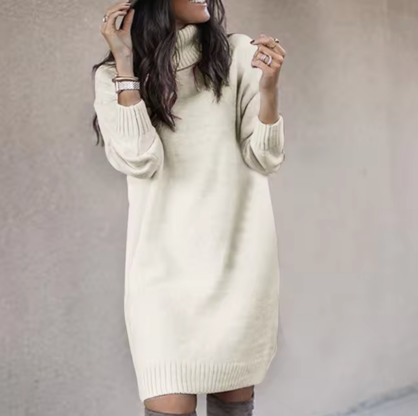 Women's Sweater Dress - Turtleneck - Loose Fit - Long Sleeve Knit Casual Wear
