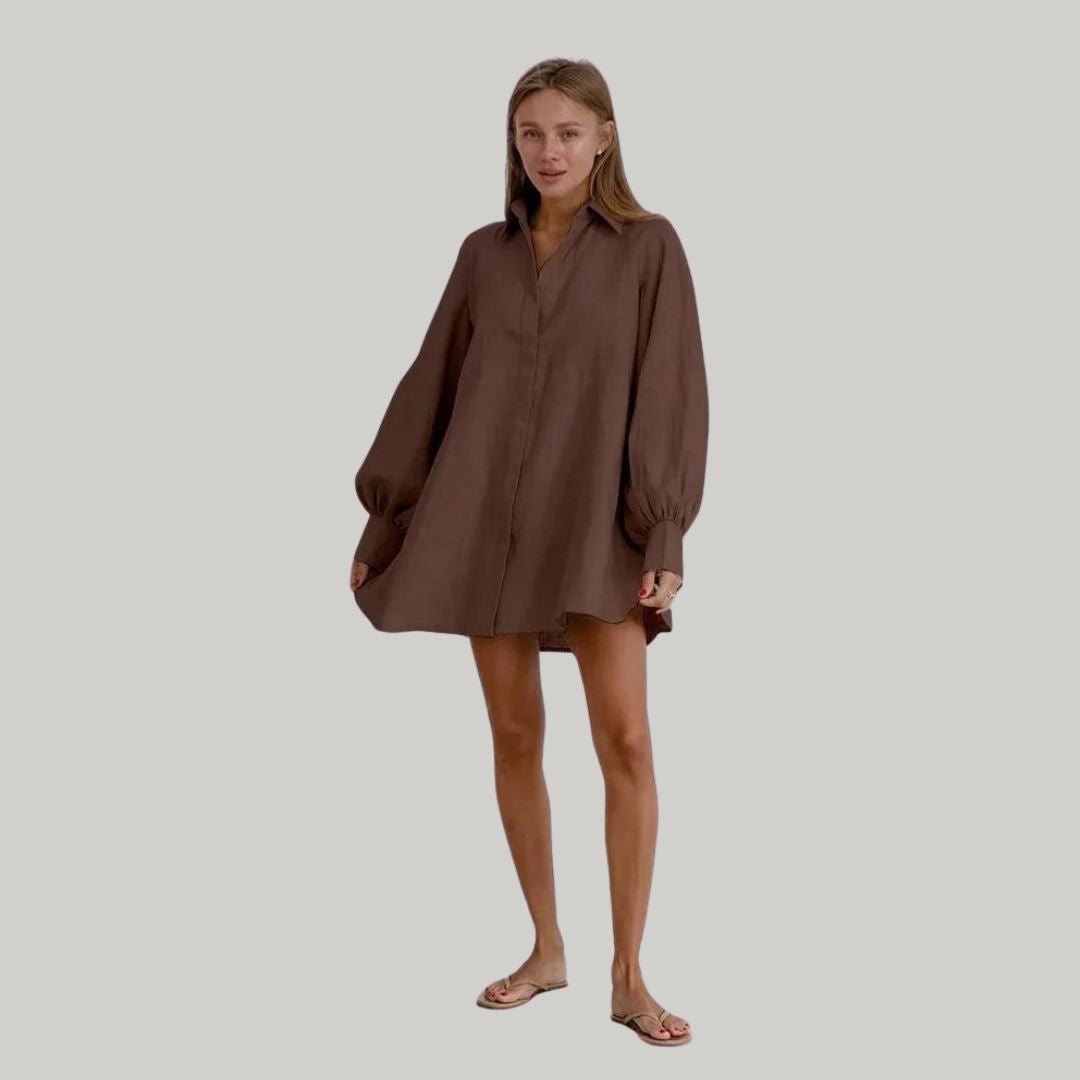 Women's Shirt Dress - Oversized Fit - Long Lantern Sleeves - Lightweight Cotton Blend