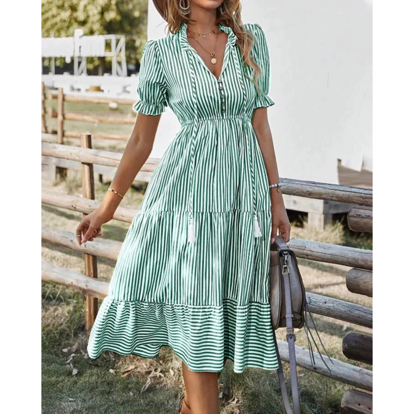 Women's Striped Dress - V-Neck Button Front - Puff Sleeve Tiered Ruffle Hem