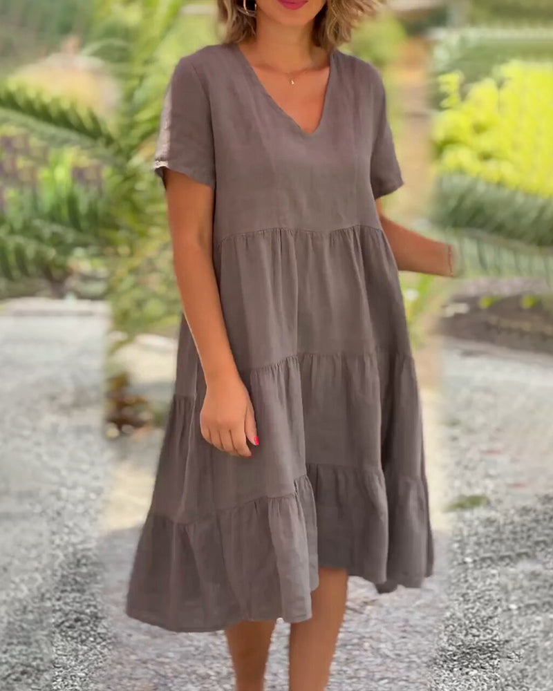 Women's Casual Midi Dress - V-Neck - Short Sleeve - Loose Fit Tiered Design