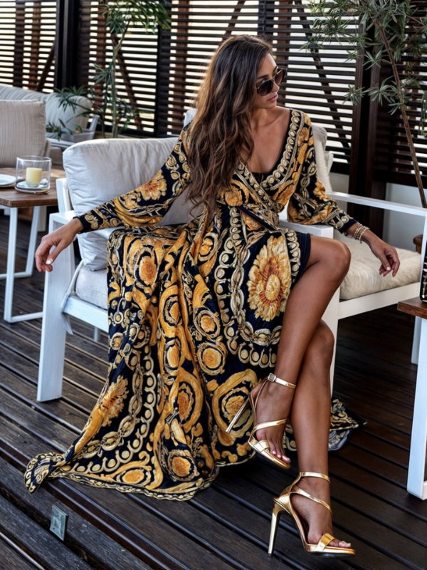 Women’s Maxi Dress – Wrap Fit – Bohemian Print – Long Sleeve – V-Neck – Flowy Silhouette