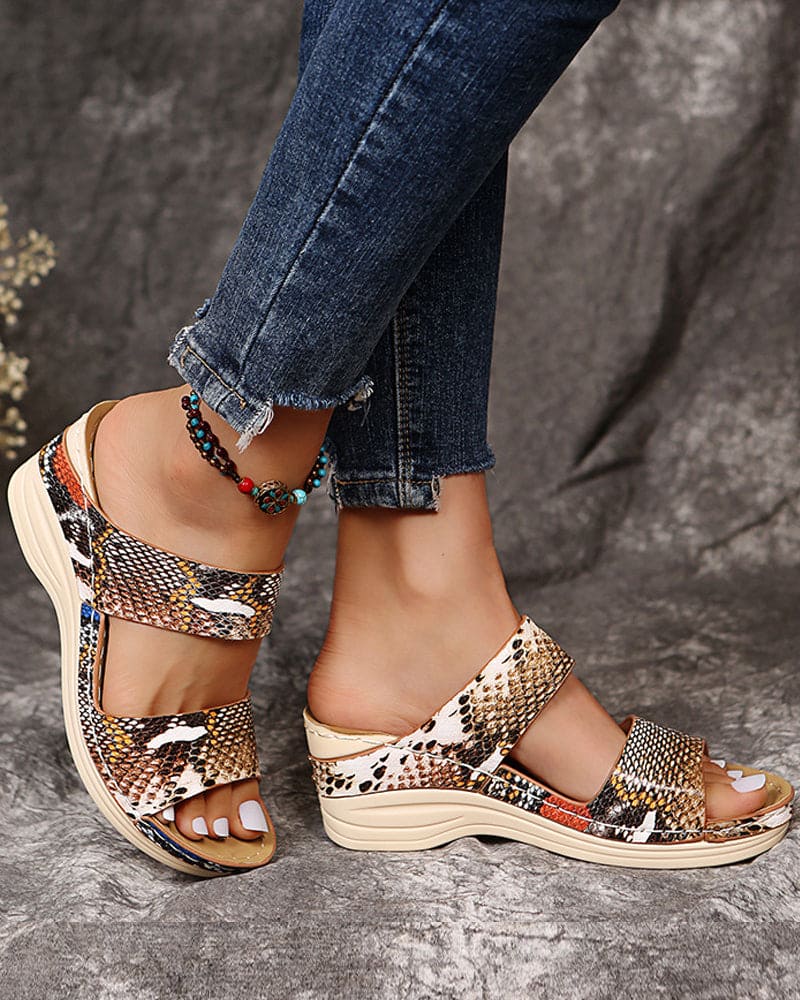 Women's Wedge Sandals - Animal Print Straps - Comfortable Platform Casual Wear