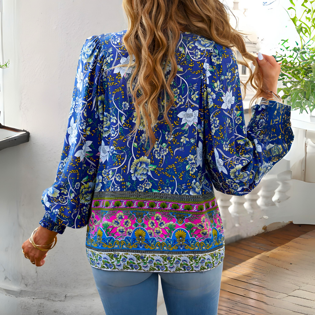 Women's floral tie v-neck long-sleeve top