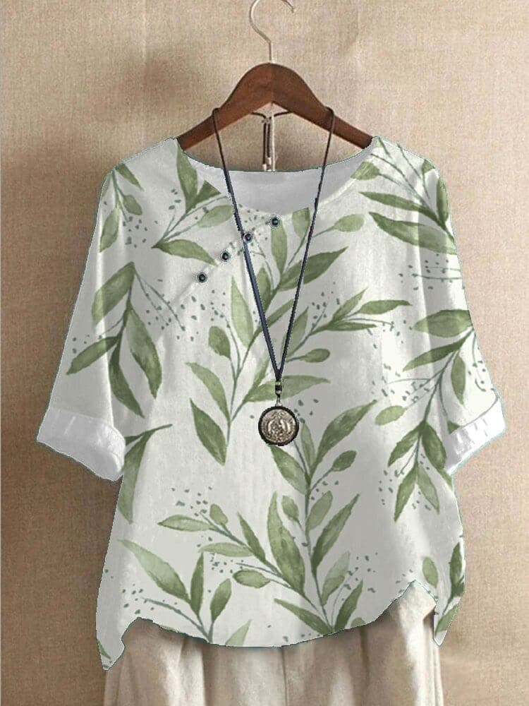 Women’s Blouse – Relaxed Fit – Round Neck – Mid Sleeve – Floral Print – Breathable Blend