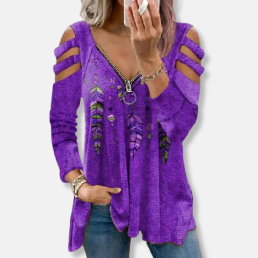 Florence Relaxed Fit Pullover Top | Zipper V-Neck Cold Shoulder Pullover Top
