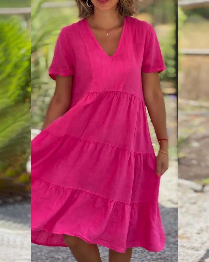 Women's Casual Midi Dress - V-Neck - Short Sleeve - Loose Fit Tiered Design