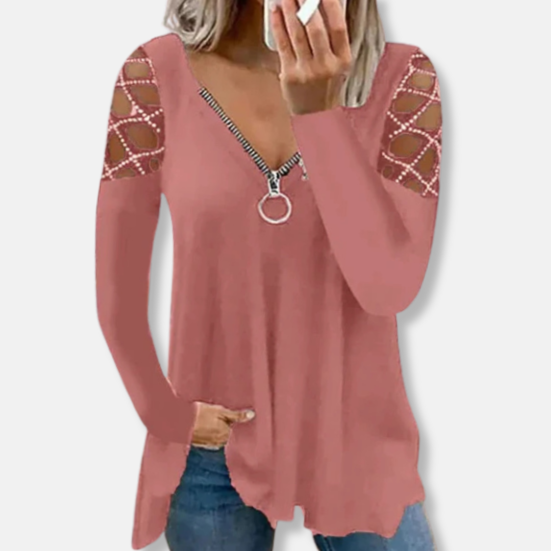 Isabella Tunic Top | V-Neck Zipper Long Sleeve Tunic Top