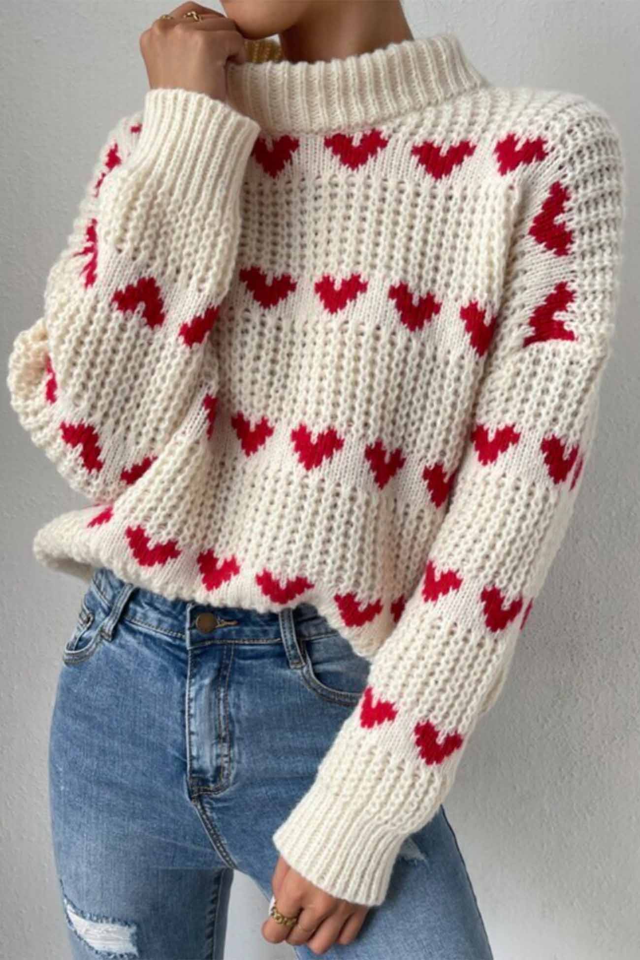 Women's Knitted Sweater - Chunky Knit - Mock Neck - Relaxed Fit - Heart Pattern