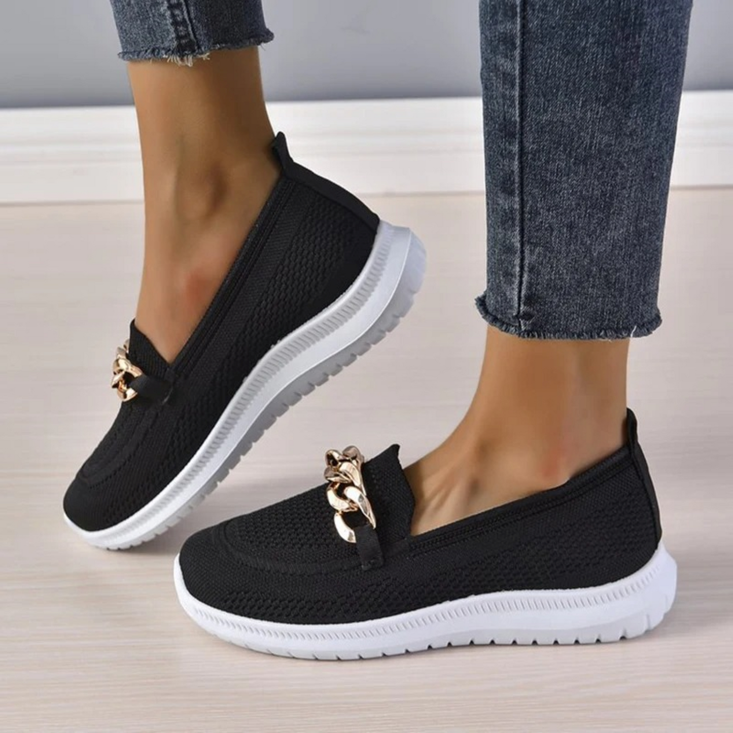 Women's Slip-On Shoes - Breathable Mesh - Flat Sole - Stylish Metal Chain Detail