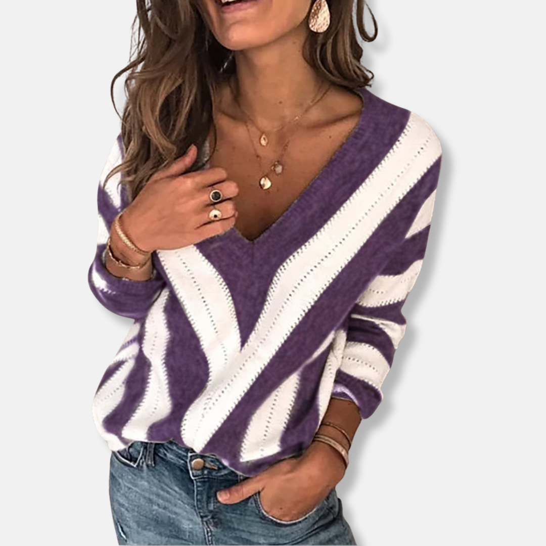 Amelia Relaxed Fit V-Neck Sweater | Striped Long Sleeve Sweater