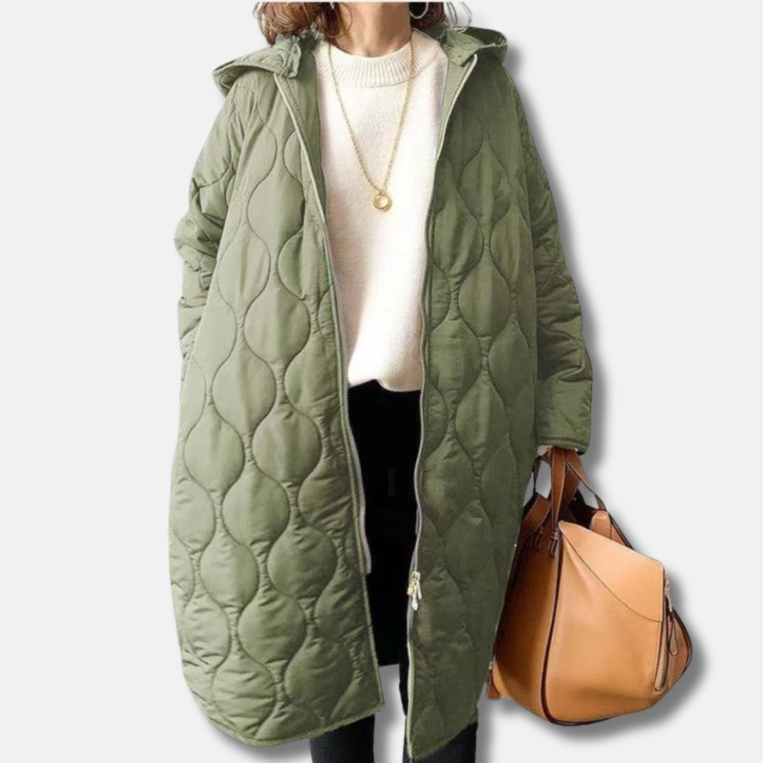 Women’s Quilted Jacket – Oversized Fit – Hooded Long Length – Zip Front Closure