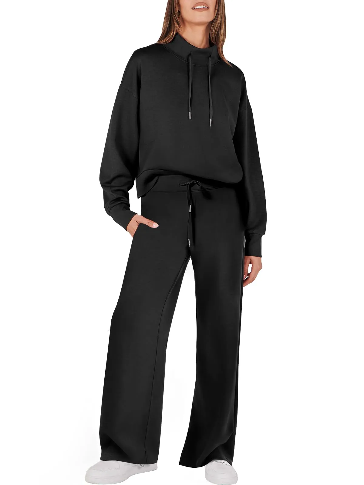 Women's chic mock drawstring sweatshirt and wide leg pants set