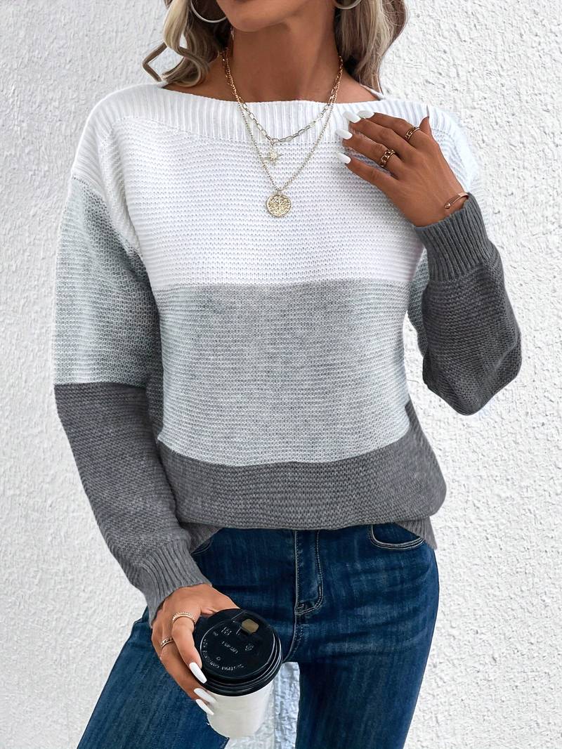 Women's Knit Sweater - Relaxed Fit - Crew Neck - Long Sleeve Color-Block Design