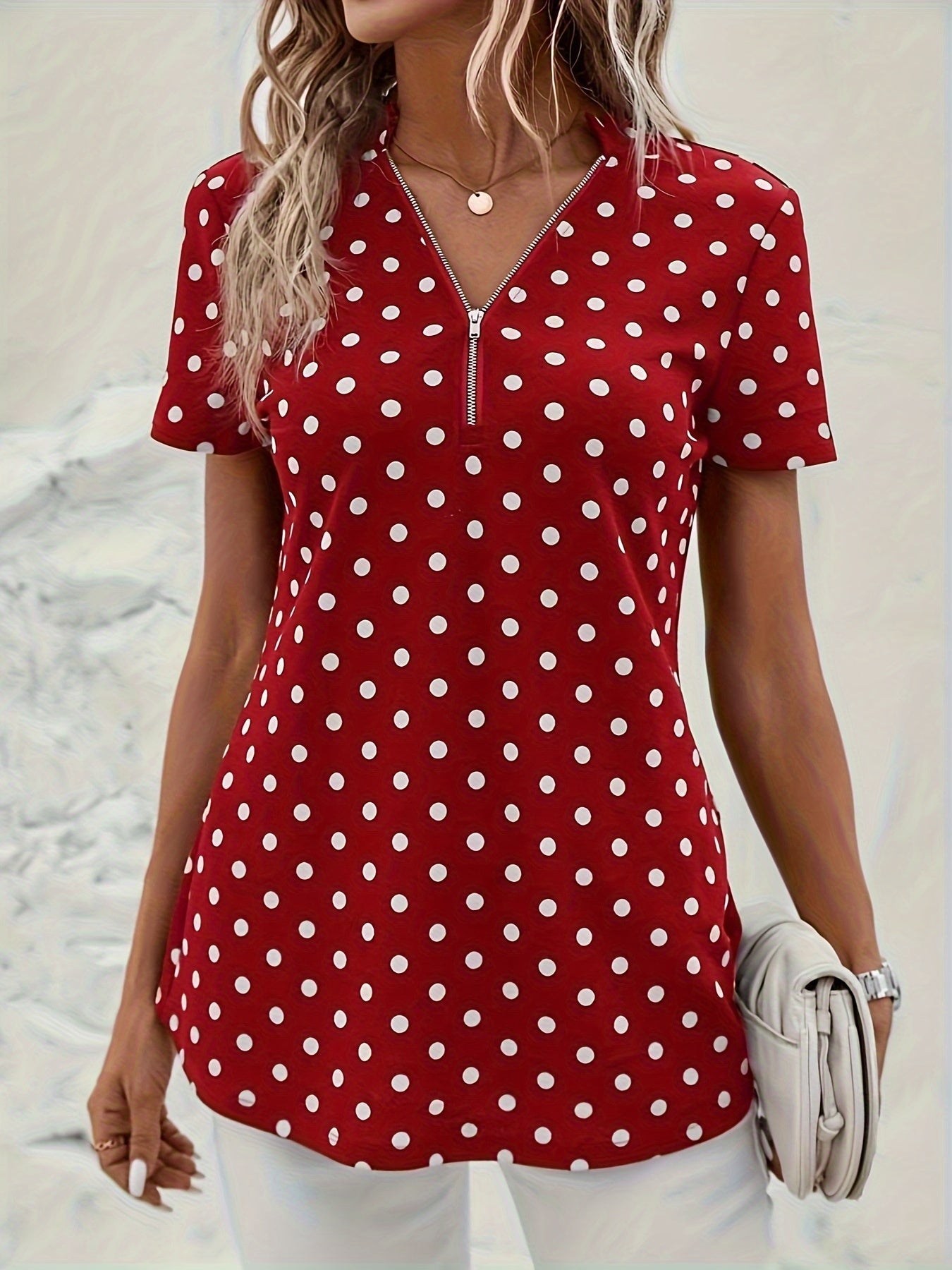 Women's Polka Dot Blouse - V-Neck with Zipper - Short Sleeve - Relaxed Fit
