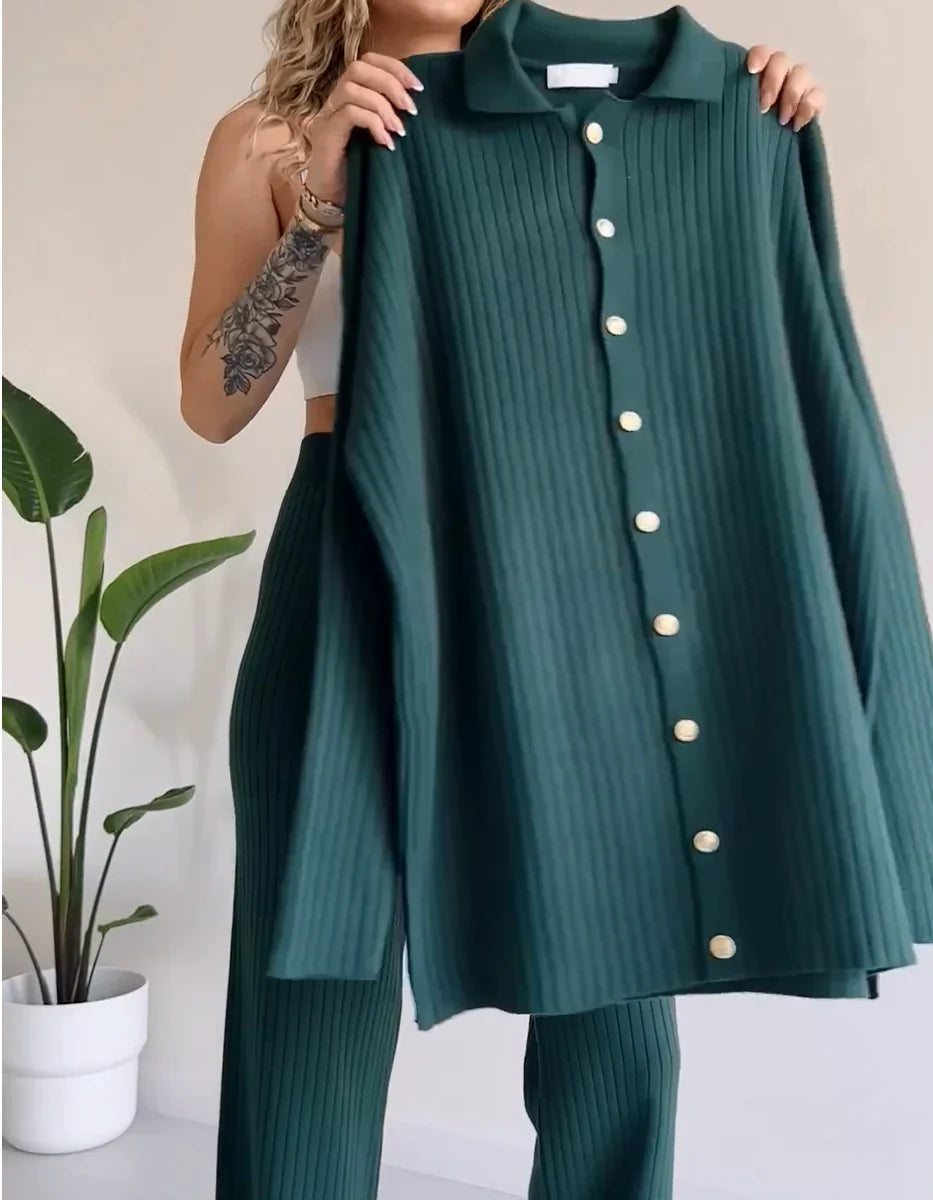 Women's Ribbed Knit Set - Button-Up Cardigan & High-Waisted Wide-Leg Pants